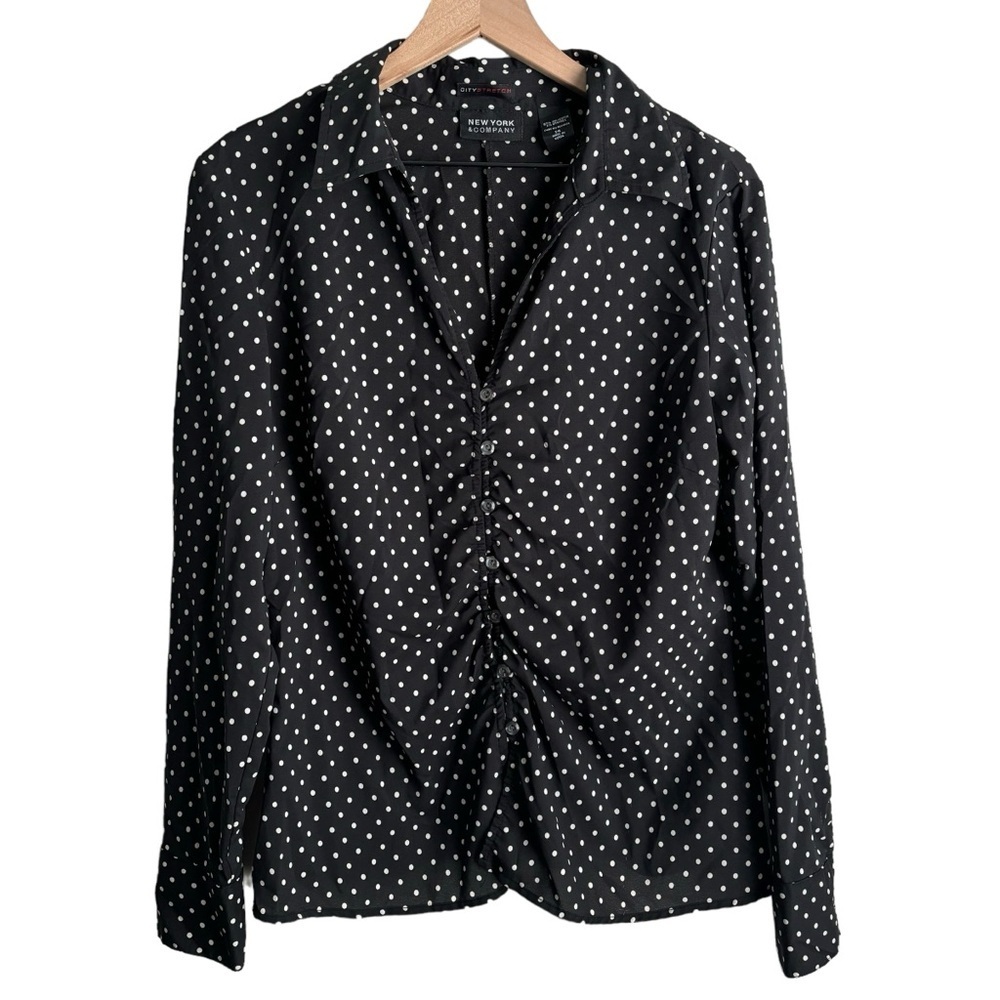 New York & Company City Stretch Polka Dot Button Up Blouse Office Workwear Sz 14